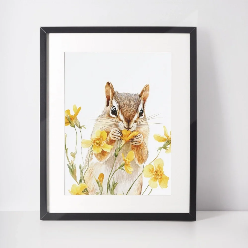 Watercolor Floral Chipmunk Portrait Wall Art Illustration Print Poster Unframed - Picture 3 of 9